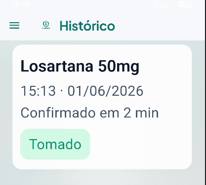 Tela Histórico do Amparo — Losartana 50mg confirmada em 2 minutos com badge Tomado